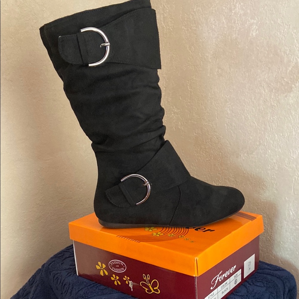Forever 21 Black Boots with Buckle Detail -New